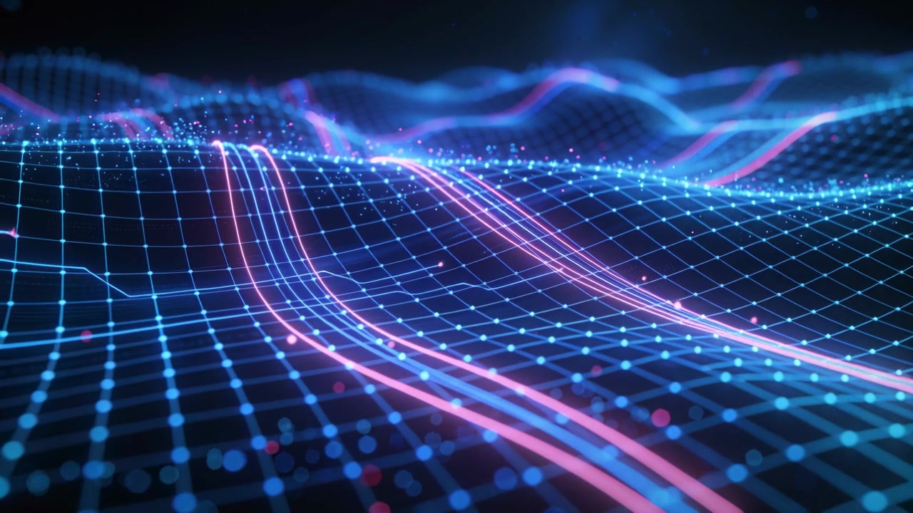 Animating neon mesh forming ribbons and scattering particles across dark void showing wave motion
