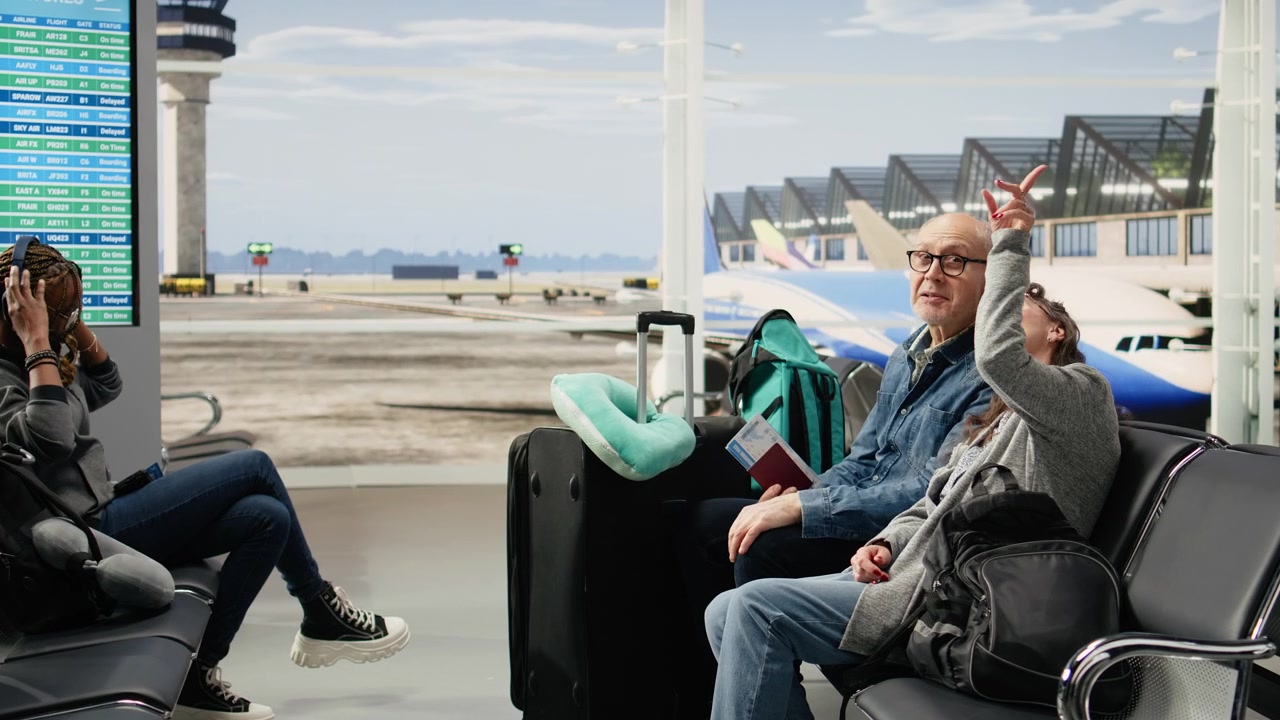 Pensionati allegri nell'area d'attesa della lounge dell'aeroporto che sorridono e parlano