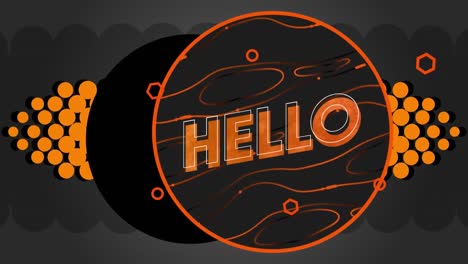 Animation-of-hello-text-in-orange-over-moving-orange-shapes-on-black-background