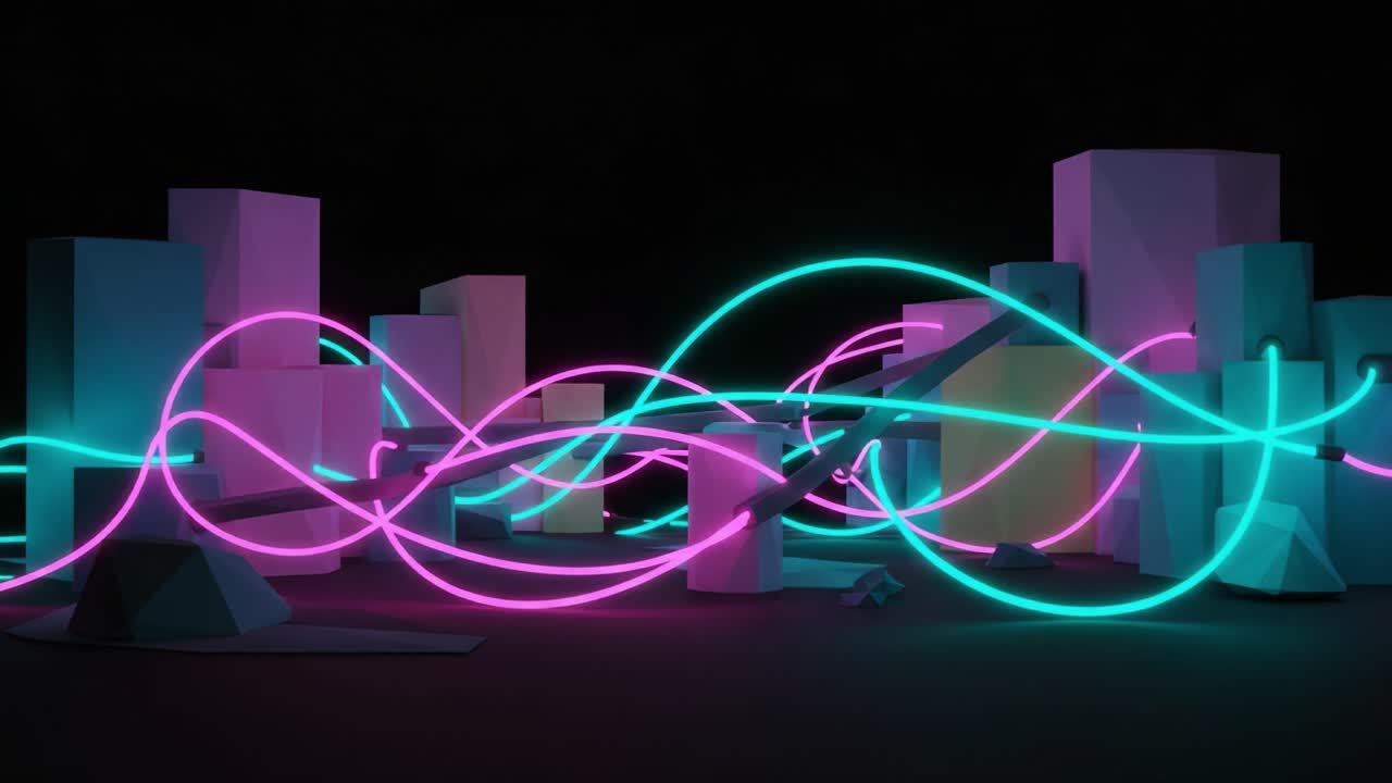 A Vibrant Display of Colorful Neon Luminescence Enhancing Abstract Geometric Forms in a Dark Environment, Creating a Striking Visual Narrative of Light and Shape