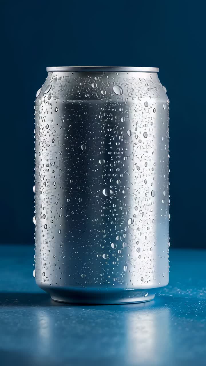 Vertical video: Lighting condensation highlights aluminum can on shiny tabletop, showing cold chill