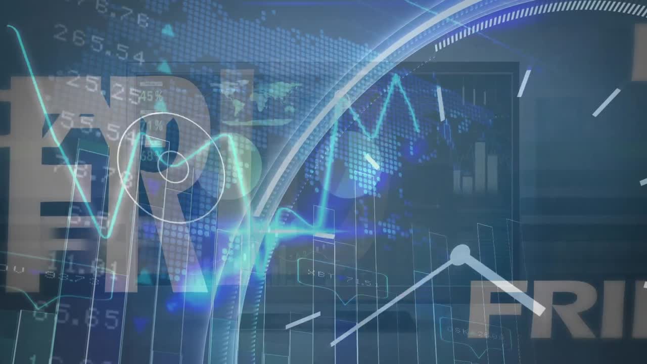 그래프, 렌즈 플레어 및 디지털 시계와 지도를 형성하는 정사각형에 대한 금요일 텍스트의 애니메이션