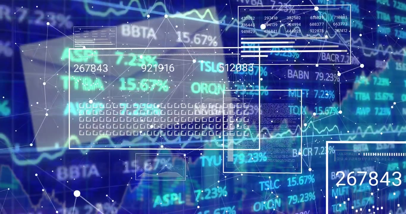 Panel appearing left starting animation, grid updating values, nodes linking showing market trends