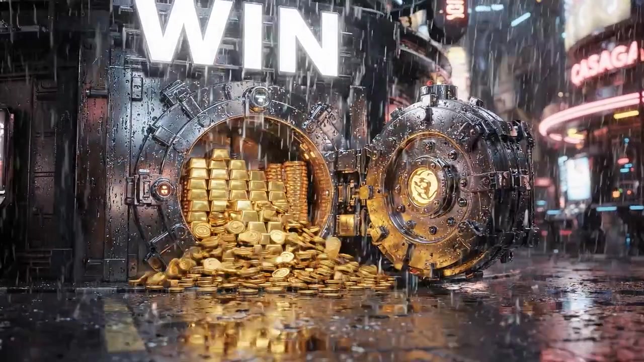 Una drammatica scena urbana che mostra un caveau del tesoro straripante di monete d'oro in mezzo a un paesaggio urbano bagnato dalla pioggia, illuminato da vivaci luci al neon e da un'insegna 'WIN'.