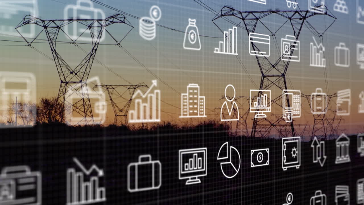 Animation of falling icons map over overhead power lines