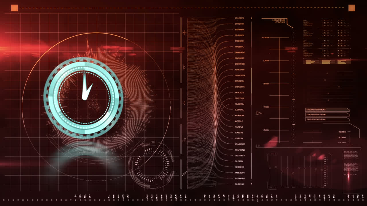 검은색 배경에 데이터 처리 위로 이동하는 시계의 애니메이션