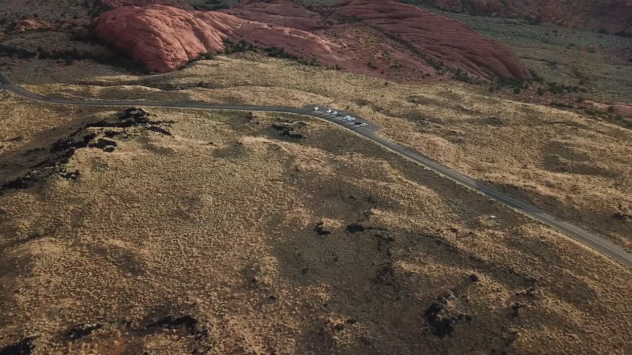Drone Aerial View of Road in Valley of Snow Canyon State Park, Natural Reserve and Hiking Tral in Utah Desert USA