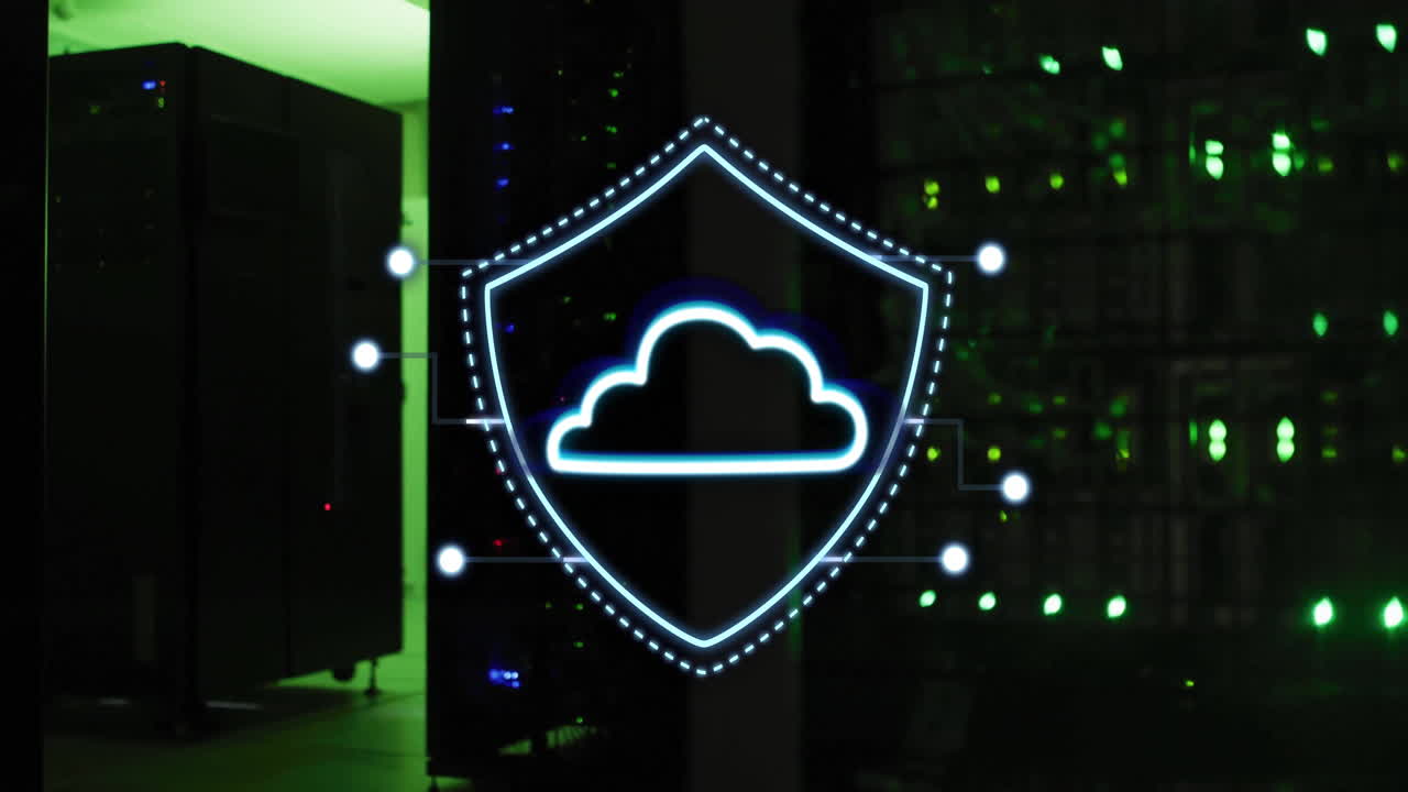 Cloud security shield animation over server room with green lights