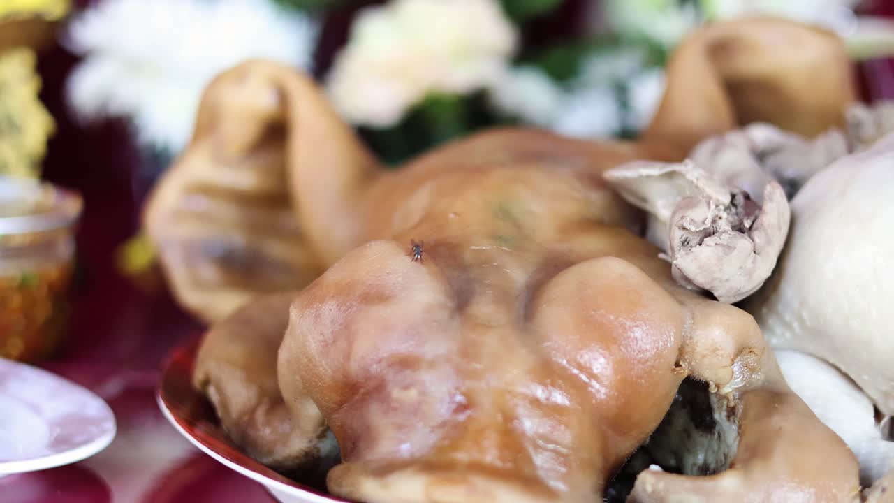 la mosca se mueve en un plato de comida.