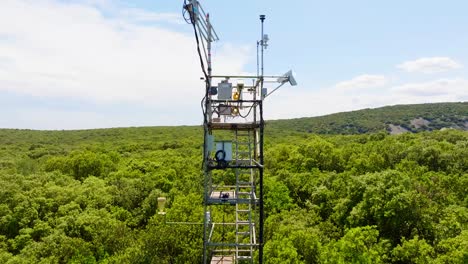 slow establishing shot of a communications tower deep in the puéchabon forest