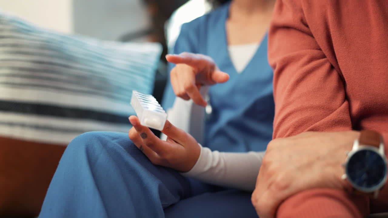 Woman, nurse and hands with medication