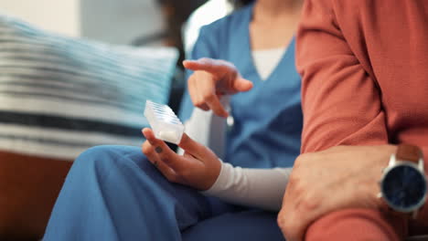 Woman,-nurse-and-hands-with-medication