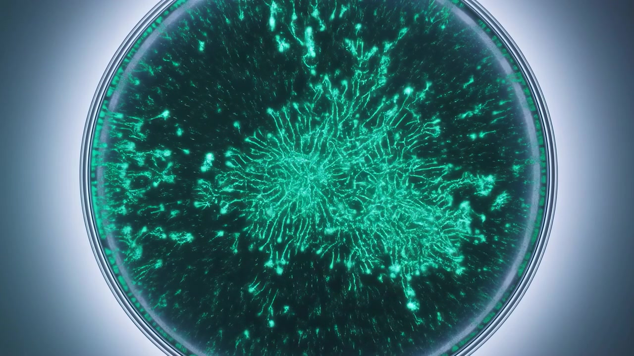 Una vista dall'alto mostra filamenti verde acqua brillanti che si moltiplicano e si estendono attraverso un contenitore rotondo trasparente, riempiendo gradualmente l'interno scuro con intricate linee ramificate e puntini luminosi sparsi.