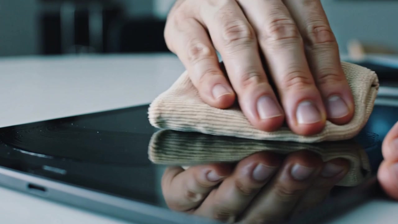 Manos de adulto limpiando la pantalla de una tableta negra sobre un escritorio blanco, viendo manchas, con un paño quitando las marcas.