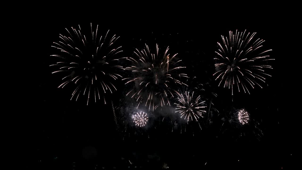Real firework with multicolor and sound of explosion or some people celebration