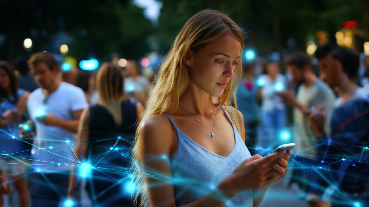 A Young Woman Engaged with Her Smartphone in a Vibrant Outdoor Setting, Surrounded by a Crowd of Individuals Also Using Their Devices, Highlighting the Connectivity of Modern Communication Technologies