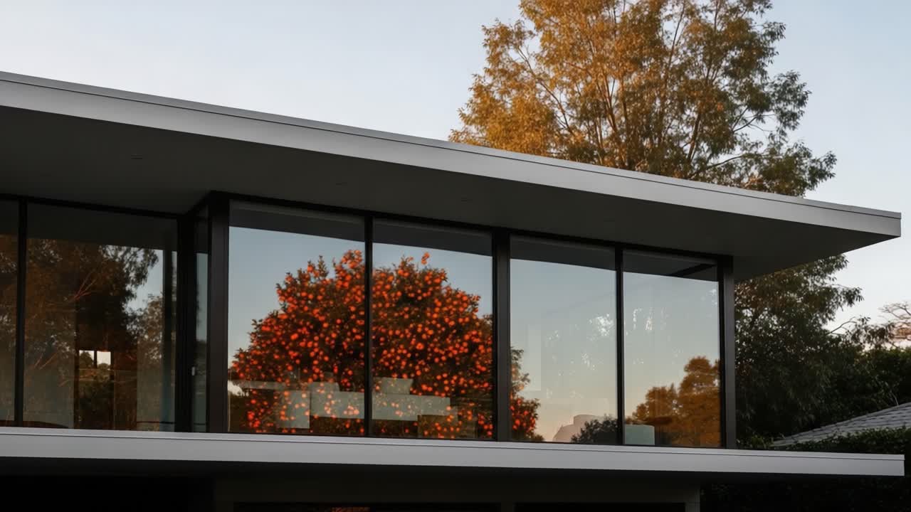 Modern Architectural Home Showcasing Large Glass Windows Reflecting a Vibrant Tree Full of Colorful Ornaments at Dusk