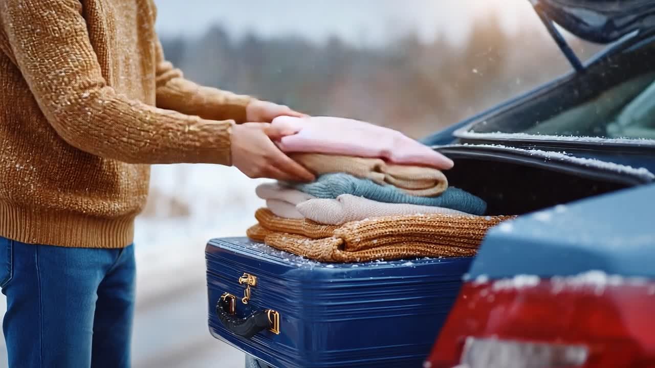 A Winter Scene of Cozy Sweaters Being Packed into a Suitcase in the Snowy Outdoors, Highlighting Preparation for a Seasonal Getaway or Adventure