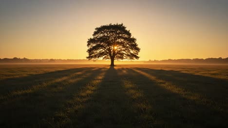 majestic tree silhouette at dawn with radiant sunburst, casting long shadows over a serene meadow