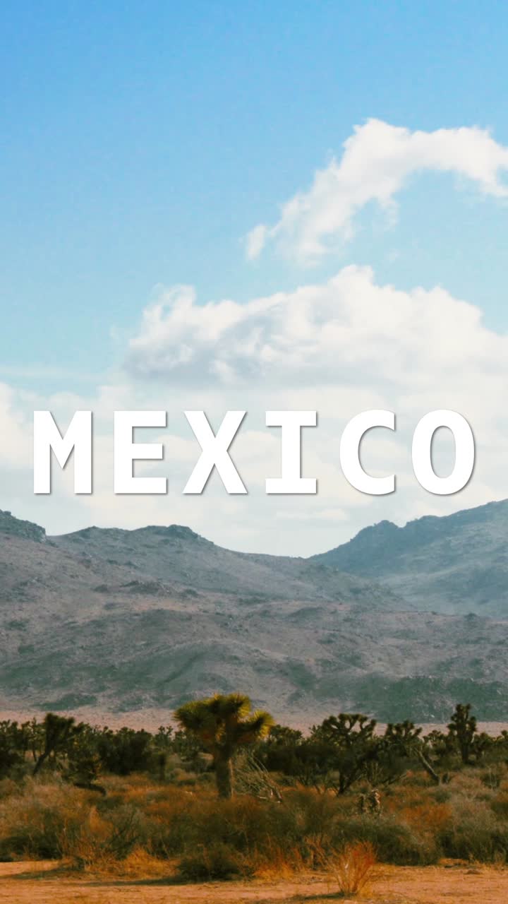 video vertical de una escena típica del desierto mexicano superpuesta con gráficos animados que deletrean méxico