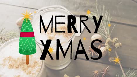 animación de felicitaciones navideñas texto sobre leche y decoraciones navideñas
