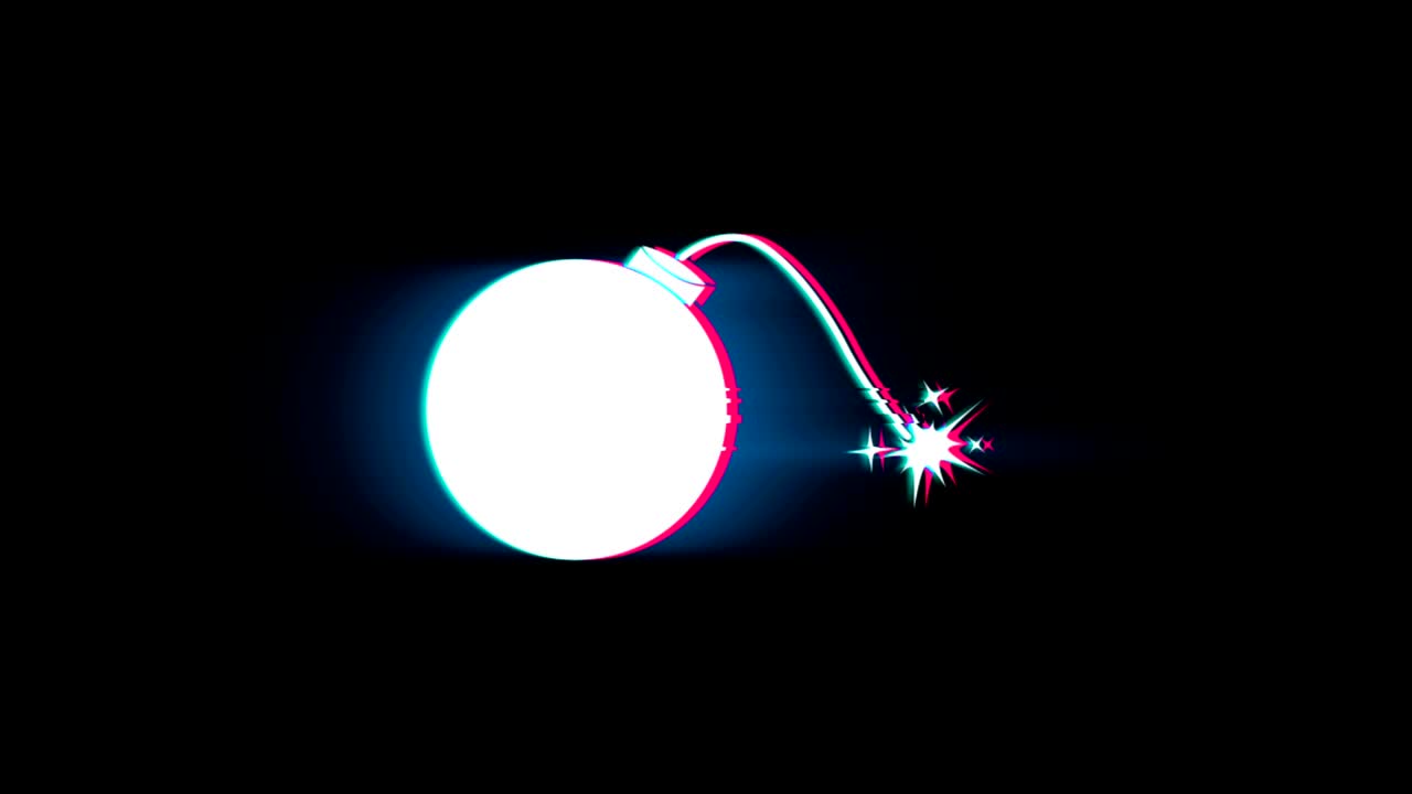 폭발 폭탄 기호는 글리치 레트로 빈티지 애니메이션에 있습니다.