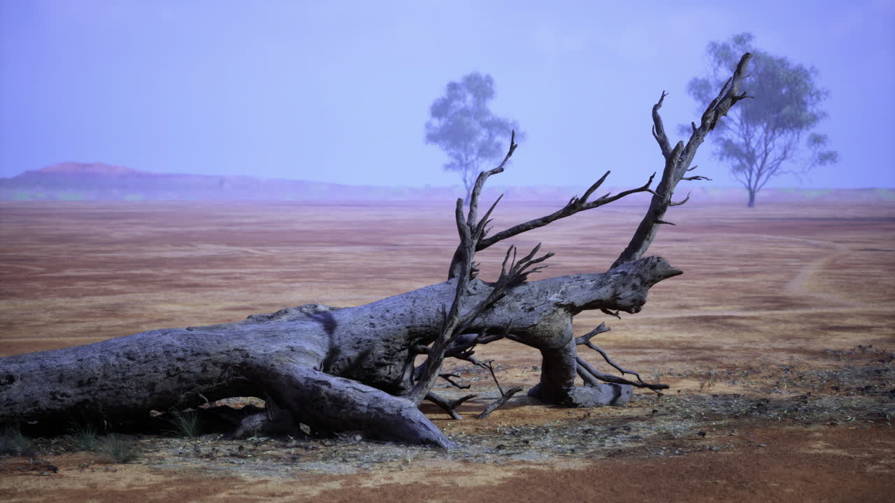 Dry landscape featuring a fallen tree and sparse vegetation in a remote area