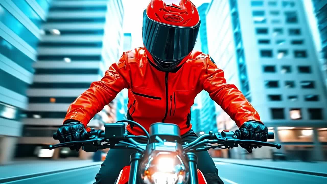 A man in a red jacket riding a motorcycle down a city street