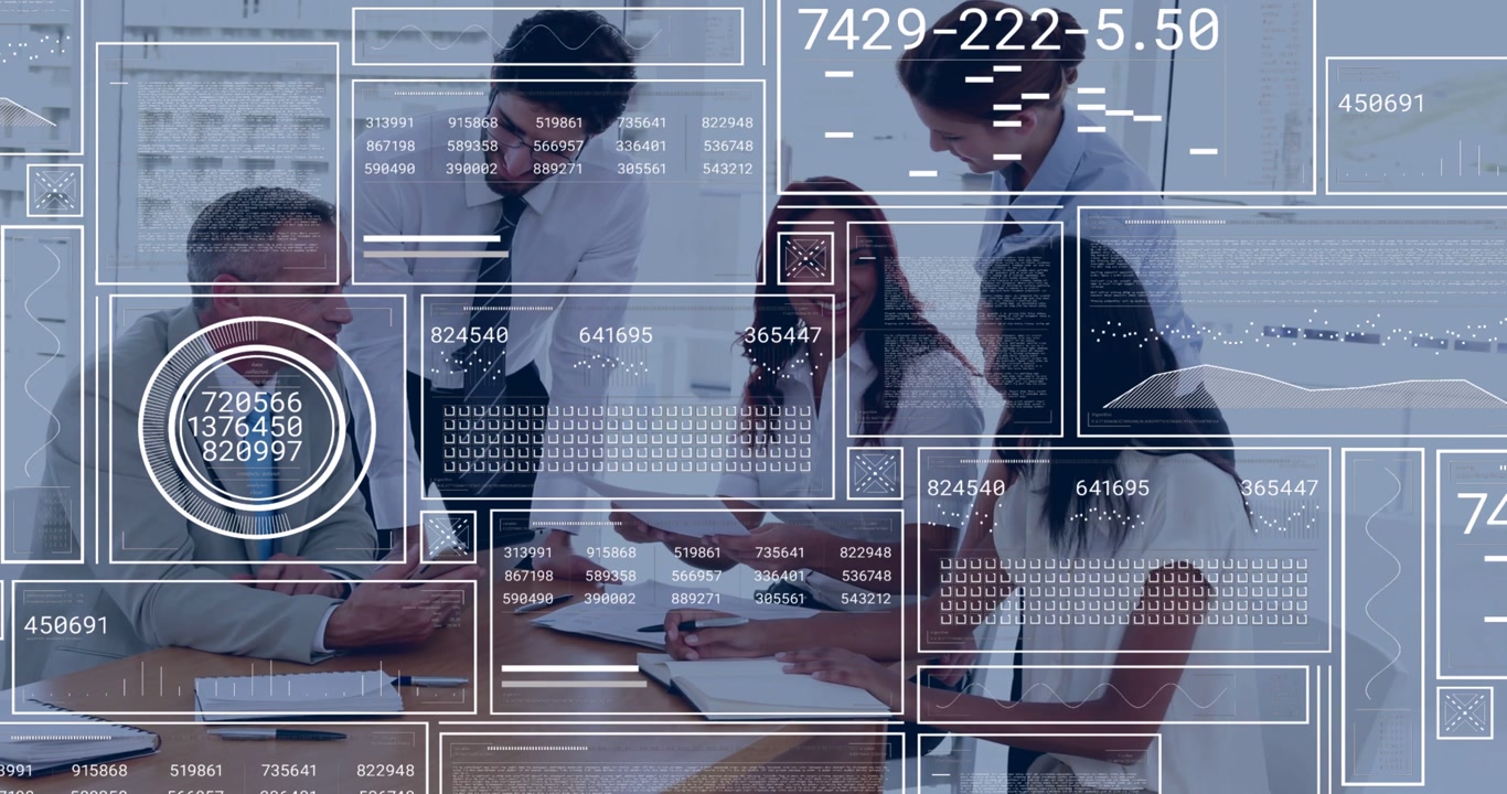 Business team sharing papers at meeting table while man using device activating HUD data for review