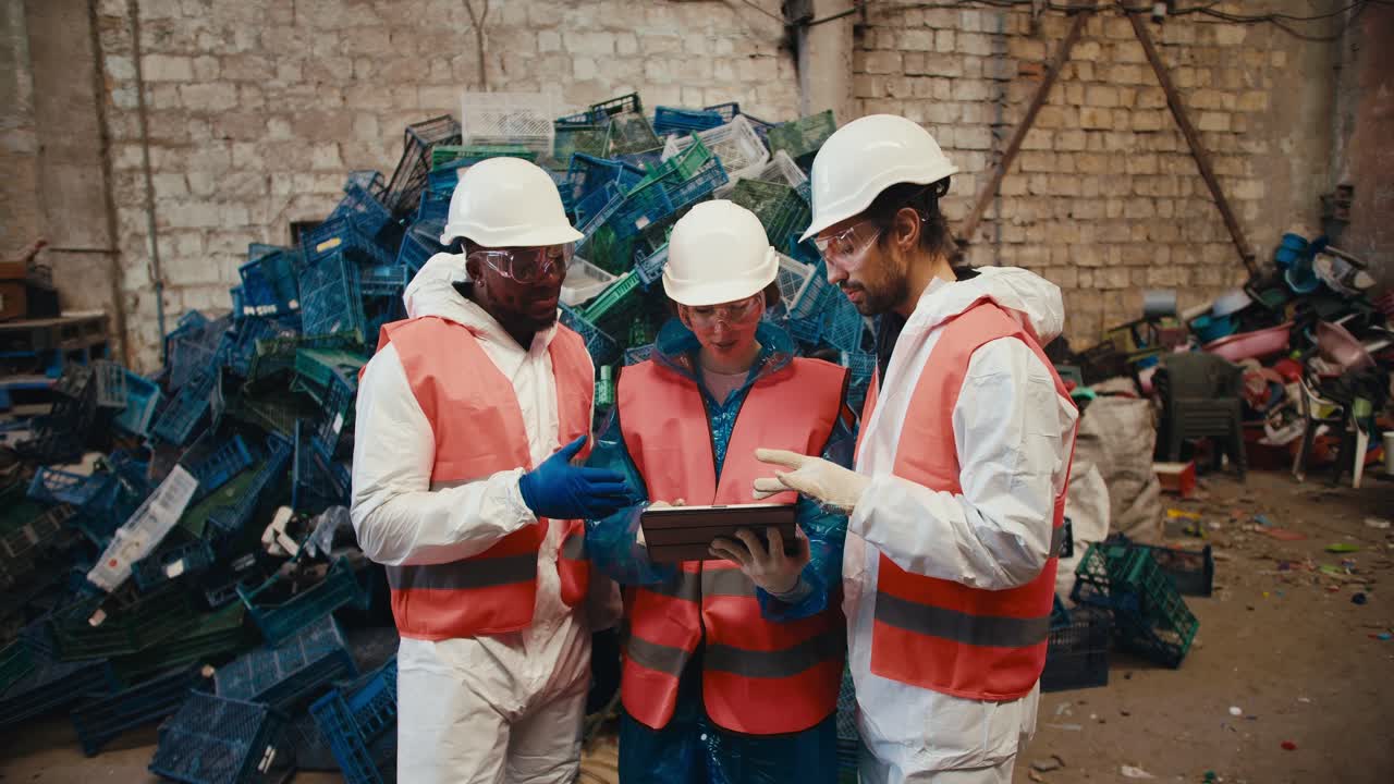 un trío de trabajadores de la planta de reciclaje de residuos hablan de sus planes y miran una pantalla de tableta mientras están de pie cerca de una gran pila de residuos plásticos en la planta