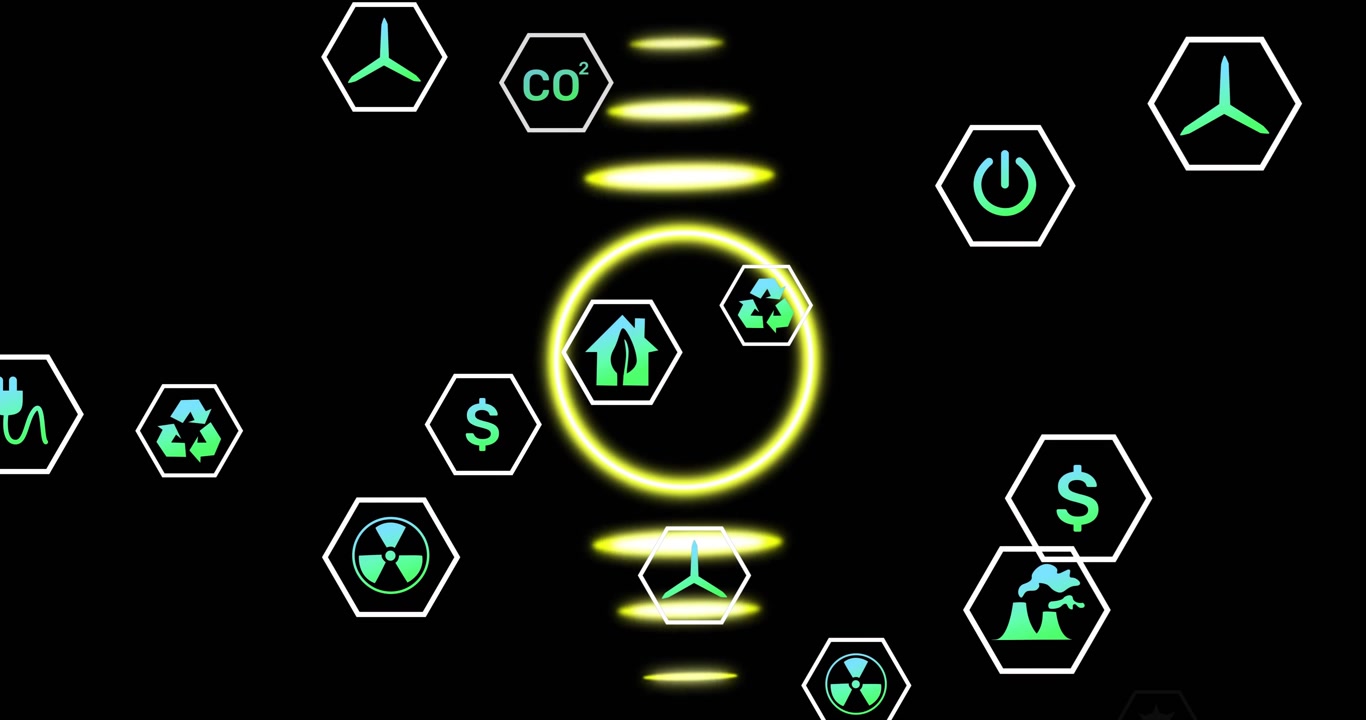 Icone di sostenibilità ed efficienza energetica con animazione di cerchio luminoso su sfondo nero.