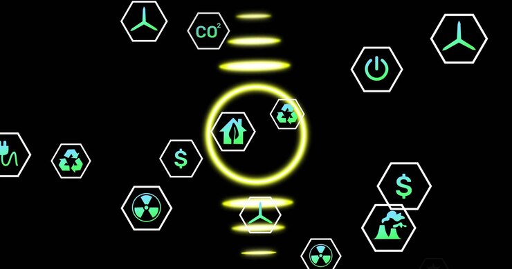 Icone di sostenibilità ed efficienza energetica con animazione di cerchio luminoso su sfondo nero.