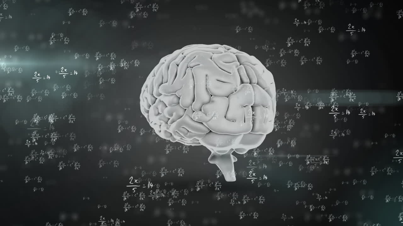 animación de cerebro humano giratorio y ecuación matemática sobre fondo negro