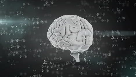 animation of rotating human brain and mathematical equation over black background