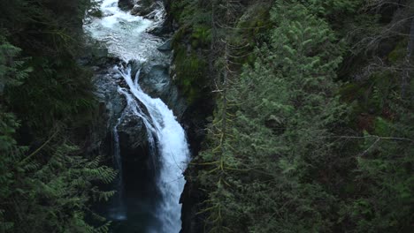 cinematic scene of a waterfall within a cliff in the rainforest of the lynn valley in north vancouver, bc, canada , pan left