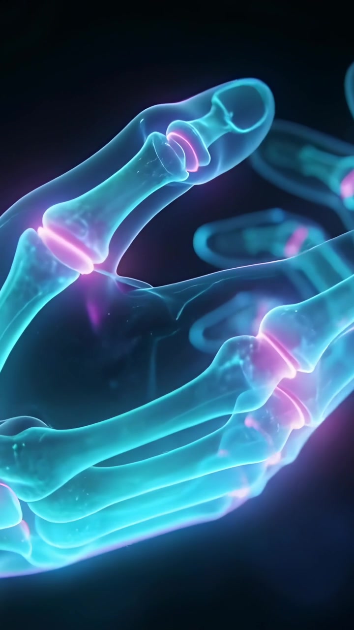 Vertical video: Framing closeup, 3D hand skeleton rotating to study magenta joints on dark gradient