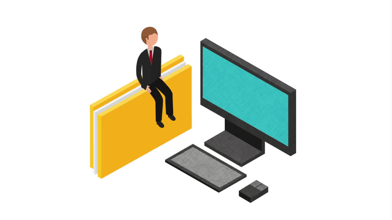 Businessman sitting on file folders in front of a computer