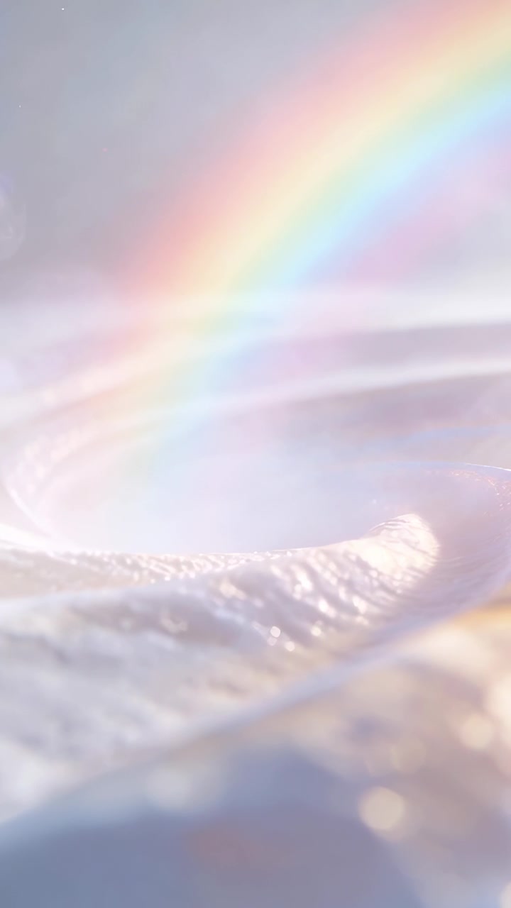 Vertical video: Camera tilting down revealing diagonal rainbow over rippling water showing texture