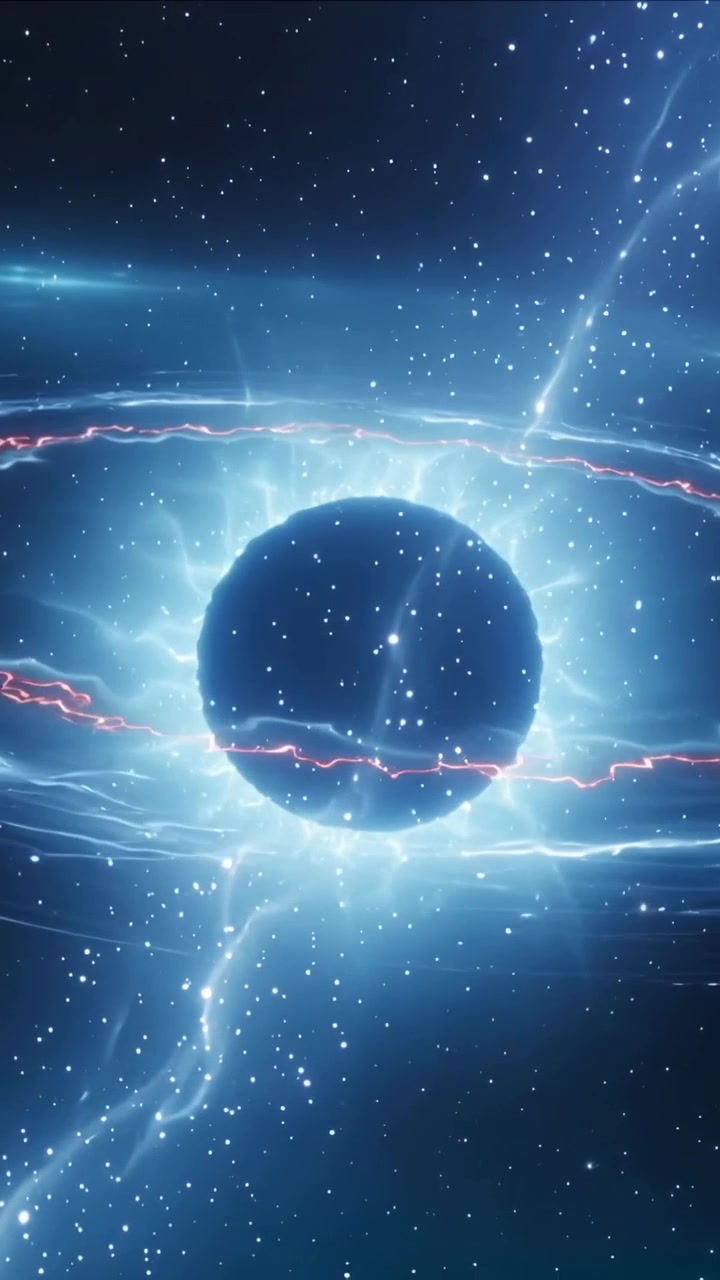 Video verticale: Sfera scura che riceve un raggio, con una corona pulsante e viticci rosa che orbitano nello spazio.