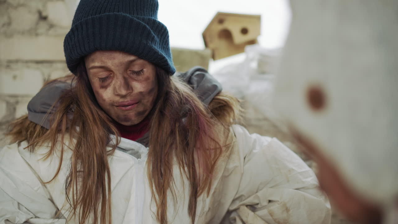 Close up of sad girl with long messy hair and dirty face wearing thick white winter jacket and blue knit beanie, looking down thoughtfully in indoor setting with brick wall and wooden background