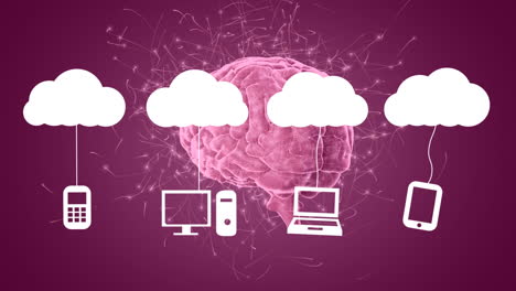 animation of clouds with technology devices over rotating brain with neuronal connections