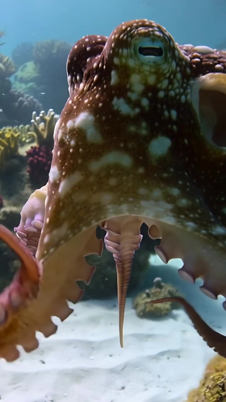 Video vertical: Pulpo sintiendo la arena, moviendo los brazos y explorando el lecho marino en un arrecife, mostrando sus ventosas.