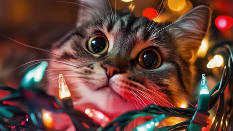 adorable kitten curiously exploring and playing with a string of brightly colored christmas lights, creating a festive and heartwarming scene