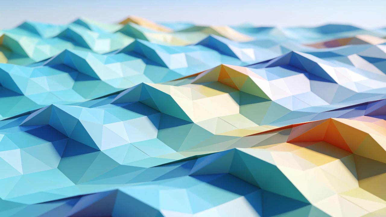 Dollying camera, lowpoly terrain undulating, showing warmth in CGI scene, emphasizing facets