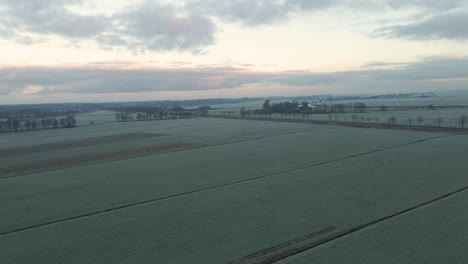 aerial of frozen meadows at dawn