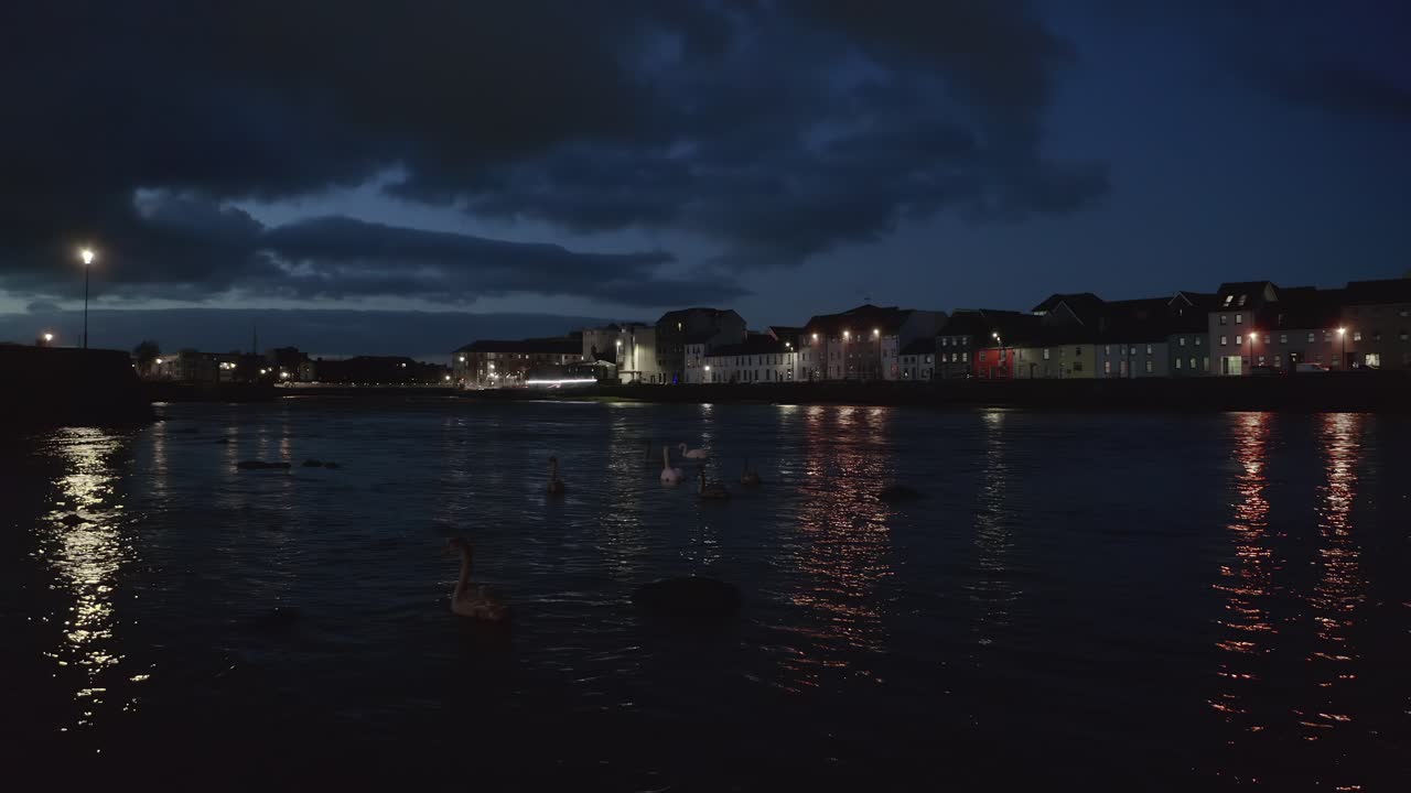 Night scene of swans gliding on Galway’s River Corrib. Ireland