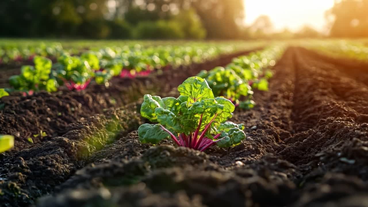 Rhubarb field at sunrise