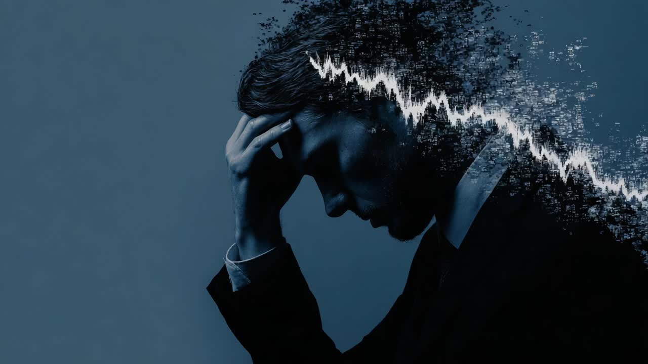 A Pensive Individual Contemplates Overwhelming Stress and Evolving Challenges Amidst a Deteriorating Financial Landscape and Emotional Turmoil Represented in Abstract Art