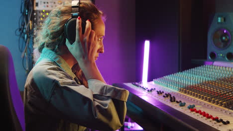 woman working with mixing console in recording studio