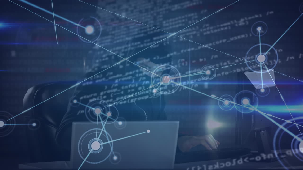 연결 네트워크의 애니메이션과 해커를 통한 데이터 처리